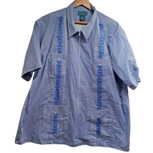 TropiCool Blue Strip Embroidered Short‎ Sleeve Zipper Front Shirt Size 2XL